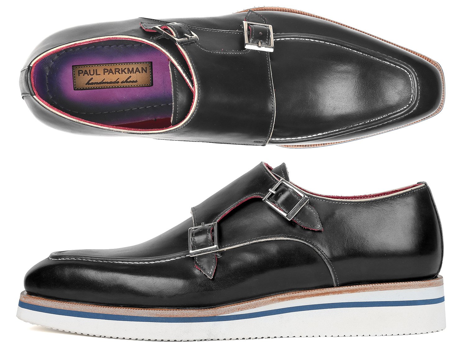 Paul Parkman "189-BLK" Black Genuine Calfskin Monkstrap Shoes.